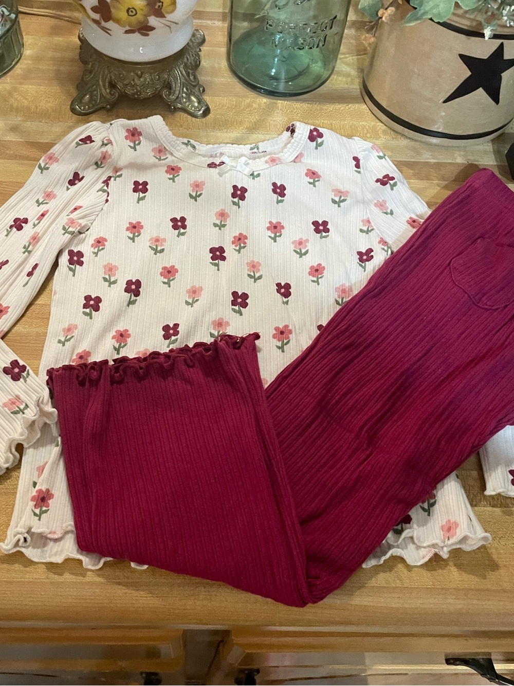 Girls Floral Ribbed Long-Sleeve Top & Magenta Ribbed Pants Set